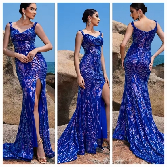 Blue, V Neck, Tank, Backless,  Contrast Sequined Mermaid Maxi Gown - Picture 1 of 11